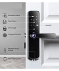 Close-up view of Rock Solid Hella Weatherproof Tuya WiFi Smart Door Lock With Fast Fingerprint Scan showing unlocking options.