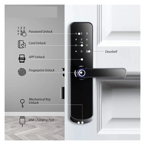 Close-up view of Rock Solid Hella Weatherproof Tuya WiFi Smart Door Lock With Fast Fingerprint Scan showing unlocking options.