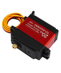 Heavy Duty Waterproof Digital Servo Motor Slamming Out Beast Mode Torque And Rock Solid Full Metal Gears For R C Trucks Robotics Builds Plus Electric Cars angled view showing black and red design with yellow wires.