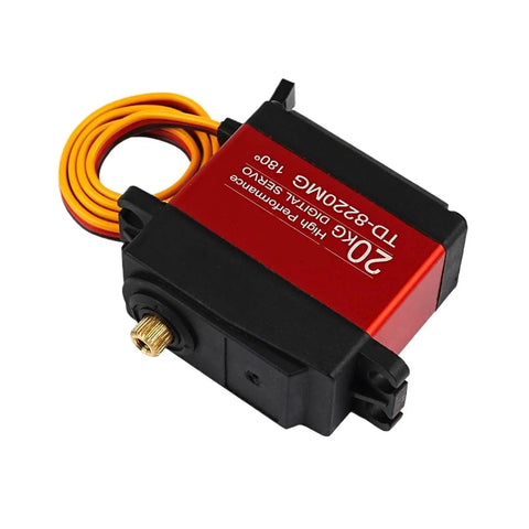 Heavy Duty Waterproof Digital Servo Motor Slamming Out Beast Mode Torque And Rock Solid Full Metal Gears For R C Trucks Robotics Builds Plus Electric Cars angled view showing black and red design with yellow wires.