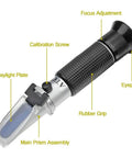 Dual Scale Brix Refractometer With ATC For Specific Gravity And Brix Readings Hydrometer Kit For Wine Making Beer Brewing And Homebrew DIYers For Serious Hobbyists And Pros Alike, angled view with eyepiece and prism