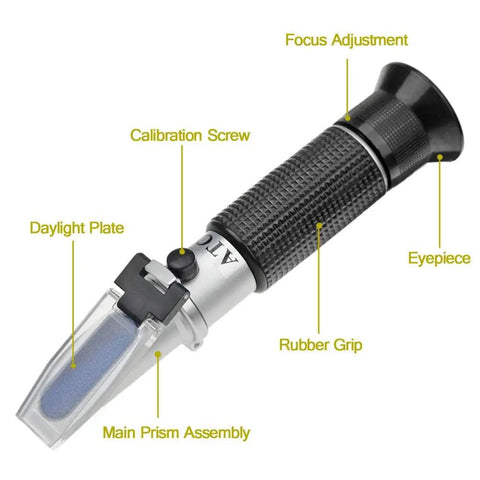 Dual Scale Brix Refractometer With ATC For Specific Gravity And Brix Readings Hydrometer Kit For Wine Making Beer Brewing And Homebrew DIYers For Serious Hobbyists And Pros Alike, angled view with eyepiece and prism