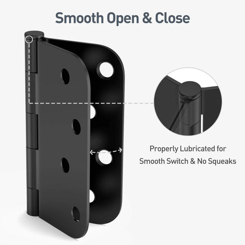 Three Pack Four Inch Door Hinges With Five Eighths Inch Radius Corners Matte Black Finish for smooth operation and durability.