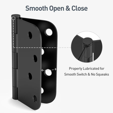 Close-up of Heavy Duty 4 Inch Door Hinge Set With Slick Matte Black Finish and Rounded Corners, showing lubrication for smooth operation.