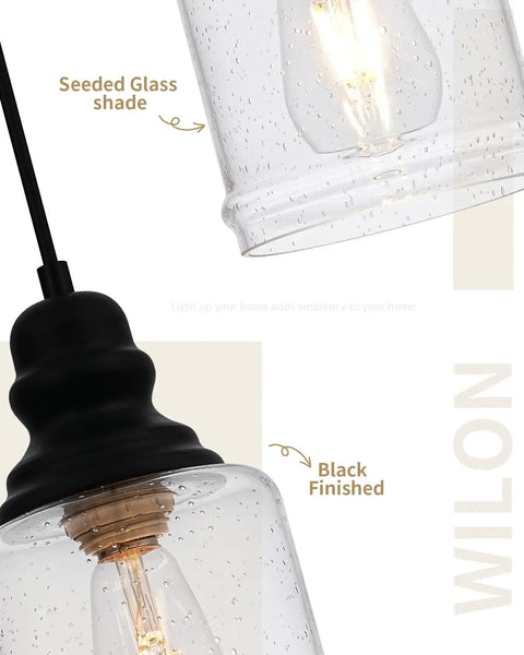 Slick Five Point Five Inch Seeded Glass Mini Pendant Light Featuring Badass Black Metal Hanging Fixtures For Kitchen Island And Dining Room showing seeded glass shade and black metal fixture.