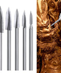 Pro Grade Wood Carving Bits For Rotary Tools, 5 Piece Engraving Drill Set With One Eighth Inch Shank displayed beside intricate wood carving.