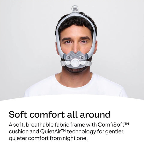 Front view of AirTouch F30i Comfort Frame System Without Headgear With Large Cushion And Standard Frame For Gentle Quiet CPAP Therapy.