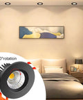 Bedroom with 2 Inch LED Downlight Kit With 3W Recessed Lighting 220LM COB Dimmable 3000K Warm White CRI80 Black Trim, showing ceiling lights and detail inset of light fixture.