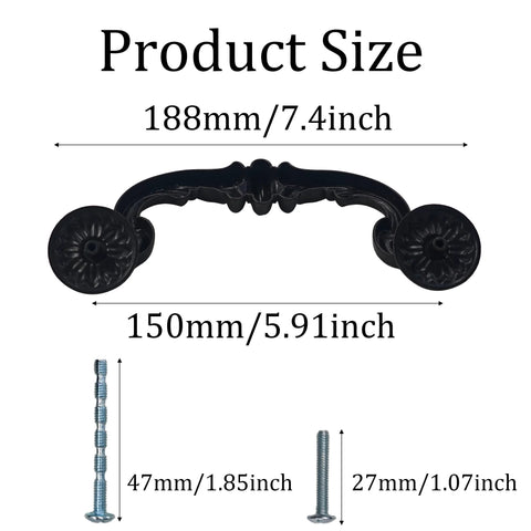 2 Pack Drop Bail Cabinet Handles 7.4 Inch Length With 5.9 Inch Center Hole Spacing Vintage Zinc Alloy Swing Drawer Pulls Rustic Black Finish diagram