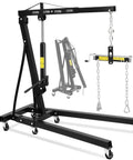 Heavy Duty Folding Hydraulic Engine Hoist With Crisp Lever Throw 4400 Pound Load Capacity Plus Extended Boom, black steel crane.
