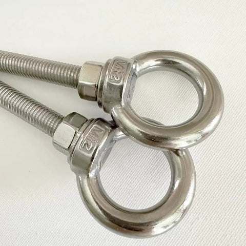 Heavy Duty M12 Eyebolt Set, 304 stainless steel shoulder eyebolts with nuts and flat washers for heavy lifting, close-up view