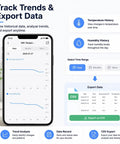 Indoor Smart Temperature Humidity Monitor With App Alerts And 2.4 GHz WiFi No Hub Needed Free Data Export History Graphs Alexa Compatible For Home Pets Greenhouse on phone app screen
