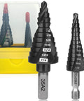 M35 Cobalt Step Drill Bit Set With 25 Steps From One Eighth To Seven Eighth Inch For Stainless Steel Hard Metal Aluminum Iron Wood PVC Copper Heavy Duty Drill Bits Includes Two Pieces Built For Long Life Workhorse Drilling shown with case