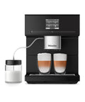 Hassle Free Fully Automatic Coffee And Espresso Maker With Built In Milk Frother, Quiet Grinder, One Touch Brewing, Programmable Daily Timer, Top Shelf Kitchen Essential, dual coffee cups with milk froth.