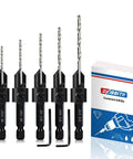 DKIBBIT 5-piece countersink drill bit set, 1/4 inch hex shanks; sizes #6–#16, 82-degree chamfer, 2 Allen wrenches