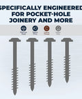 Diagram showing stainless steel pocket hole screws with Maxi Loc Head and coarse thread for pocket-hole joinery.