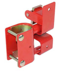 Bully Proof One Way Locking Red Gate Latch For Cattle Ranch Fence Secure Livestock Entry Lock Built Tough Heavy Duty metal latch angle view.