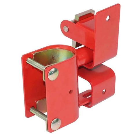 Bully Proof One Way Locking Red Gate Latch For Cattle Ranch Fence Secure Livestock Entry Lock Built Tough Heavy Duty metal latch angle view.