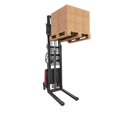 Heavy Duty 3300 Lbs Semi Electric Pallet Stacker With Iron Frame For Warehouse Forklift Jobs lifting stacked boxes on a pallet.