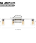 Dimensions of 4 Light Brushed Nickel Crystal Vanity Light Fixtures With Dimmable LED, highlighting measurements and glass shades.