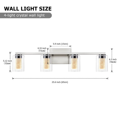 Dimensions of 4 Light Brushed Nickel Crystal Vanity Light Fixtures With Dimmable LED, highlighting measurements and glass shades.