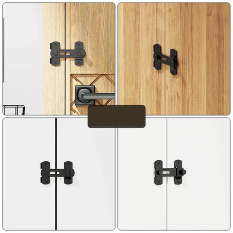 Heavy Duty Stainless Steel Sliding Bolt Door Latch Featuring Smooth Auto Return Flip Lock For Tough Patio Barn Gate on various doors.