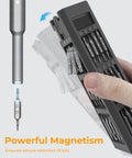 Hand holding 71-In-1 Mini Precision Screwdriver Set With 360 Spin, showcasing magnetic bits and sturdy metal case.