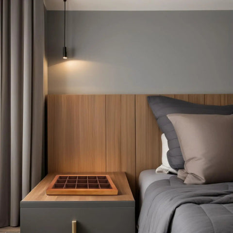 Sleek Walnut Jewelry Organizer Tray With 15 Slot Grid For Ring Bracelet Necklace Storage And Display on bedside table.