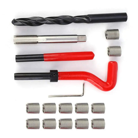 Ultimate M12x1.25 Thread Repair Kit With 17 Pieces Stainless Steel Inserts Tap Wrench And Twisted Drill For Tough Auto Fixes And Metric Conversion Jobs, shown with drill, tap, wrench, and inserts