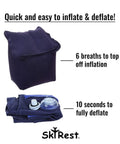 Inflatable Head And Neck Travel Pillow With Ergonomic Patented Design showcasing inflation and deflation steps, in blue PVC.
