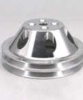 Heavy Duty Aluminum Double Groove Water Pump Pulley For Small Block Chevy 265 283 305 327 350 383 400 With Short Pump Slick Satin Finish Built Tough Zero Play Locktight Bolt On, showing detailed machining and finish.