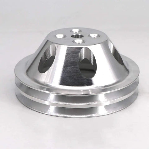 Heavy Duty Aluminum Double Groove Water Pump Pulley For Small Block Chevy 265 283 305 327 350 383 400 With Short Pump Slick Satin Finish Built Tough Zero Play Locktight Bolt On, showing detailed machining and finish.