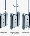 QWORK 3-inch stainless steel self-closing double-acting door hinges for cafe/saloon doors; installation steps shown