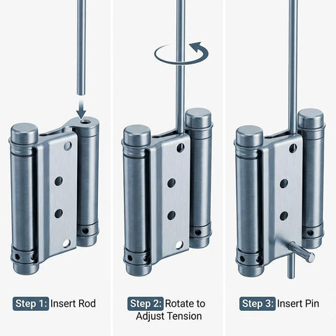QWORK 3-inch stainless steel self-closing double-acting door hinges for cafe/saloon doors; installation steps shown