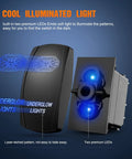 Blue 5 Pin SPST Rocker Switch For Underglow LED Lights 20A At 12V 10A At 24V Laser On Off Includes Jumper Wires No Fuss Install For Cars Trucks RVs Brighter Soft Illumination, blue-illuminated rocker switch with laser-etched pattern