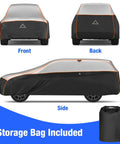 Beefed Up Heavy Duty Hail Protection Car Cover for SUV Waterproof Padded Outdoor Shield with Reflective Stripes; front, side, back views with storage bag
