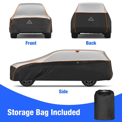 Beefed Up Heavy Duty Hail Protection Car Cover for SUV Waterproof Padded Outdoor Shield with Reflective Stripes; front, side, back views with storage bag