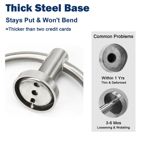 Close-up of the base of a 2 Pack Brushed Nickel Bathroom Towel Ring Set showing rustproof 304 stainless steel construction.