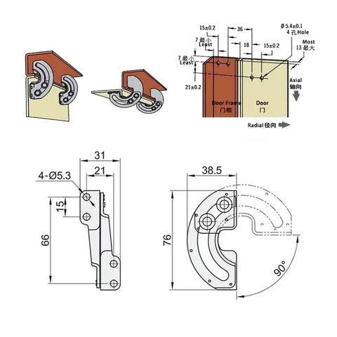 Technical diagram of 90 Degree Limit Hinge For Rotating Doors In 304 Stainless Steel Concealed Sector Slide With Precision Locking Beefy