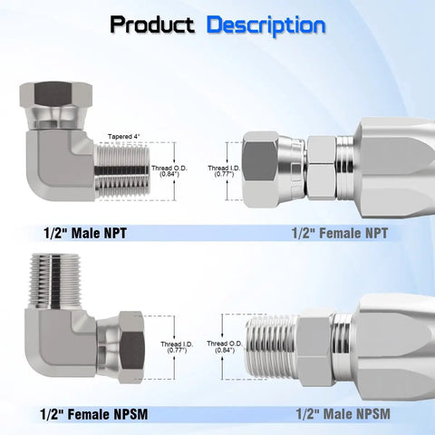 One Half Inch Male NPTF To One Half Inch Female NPSM 90 Degree Swivel Elbow Adapter For Hydraulic Lines And Fittings High Flow And Durability Heavy Duty Construction, 1/2 in carbon steel fitting