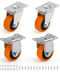 Built Tough Heavy Duty Three Inch Caster Set Of Four With Twin Straight Front Runners Paired With Nimble Rear Swivel Hubs Wrapped In Bright Orange Polyurethane for smooth rolling.