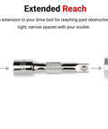 Diagram showing attachment process for 3/8 Inch Drive Extension Set Four Piece With 1 3 6 10 Inch Lengths, Chrome Plated Beveled Drive Ends.