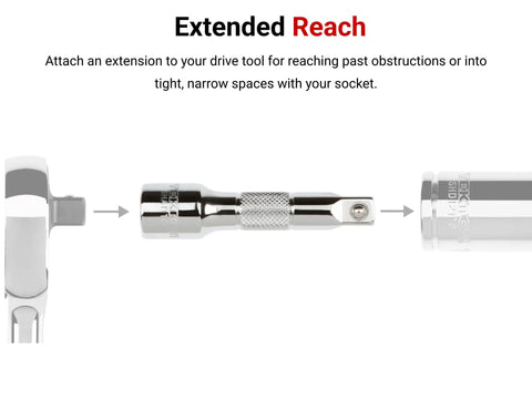 Diagram showing attachment process for 3/8 Inch Drive Extension Set Four Piece With 1 3 6 10 Inch Lengths, Chrome Plated Beveled Drive Ends.