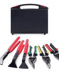 All In One Sheet Metal Tools Kit For HVAC Ductwork Tin Snips For Straight Left And Right Cuts Hand Seamers For 45 And 90 Degree Bends Metal Shears And Pliers For Cutting Shaping And Fabrication, showing tools and case.