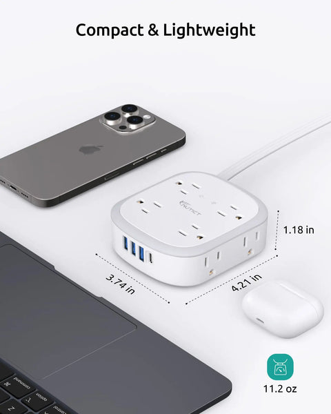 360 Rotating Flat Plug Power Strip With 8 Widely Spaced Outlets And 4 USB Ports 1 USB C 5ft Cord Wall Mountable 1440J Surge Protector