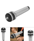 MT2 live tailstock center for wood turning; silver metal body with black collar and pointed tip