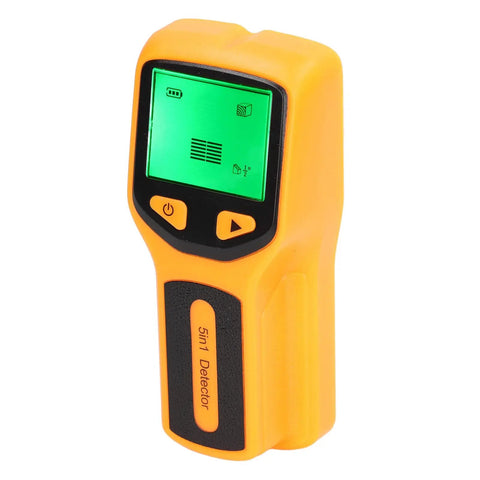 Greensen Stud Finder Wall Scanner 5 in 1 with HD LCD Display for Wood & AC Wire Detection (Yellow) angled view with green display
