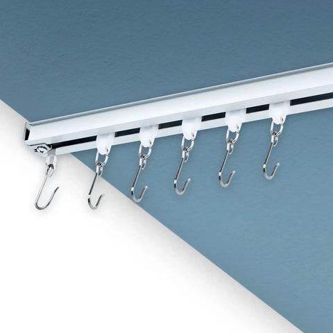 Ceiling Curtain Track System For Room Dividers With Easy Install Aluminum Alloy Rail Kit And Multiple Hooks For 6ft To 9ft Spaces Silver No Fuss Setup Smooth Gliding Operation And Modern Quiet Finish, ceiling-mounted silver track with hooks