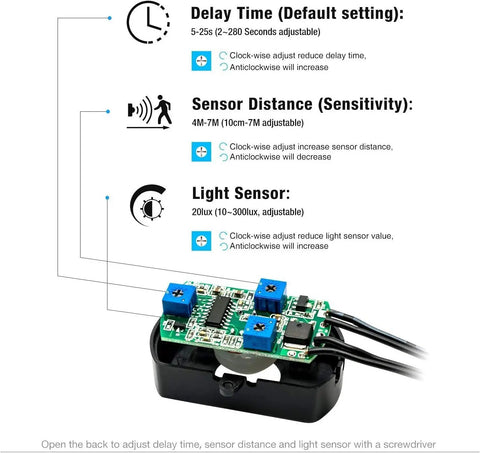 Two Pack Motion Activated Sensor Switch With PIR Sensor Auto On Off DC 12V 30V 3A design and adjustment options