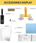 Windshield Chip Repair Kit accessories including resin, suction device, and cloth for star-shaped and bull-eye cracks repair